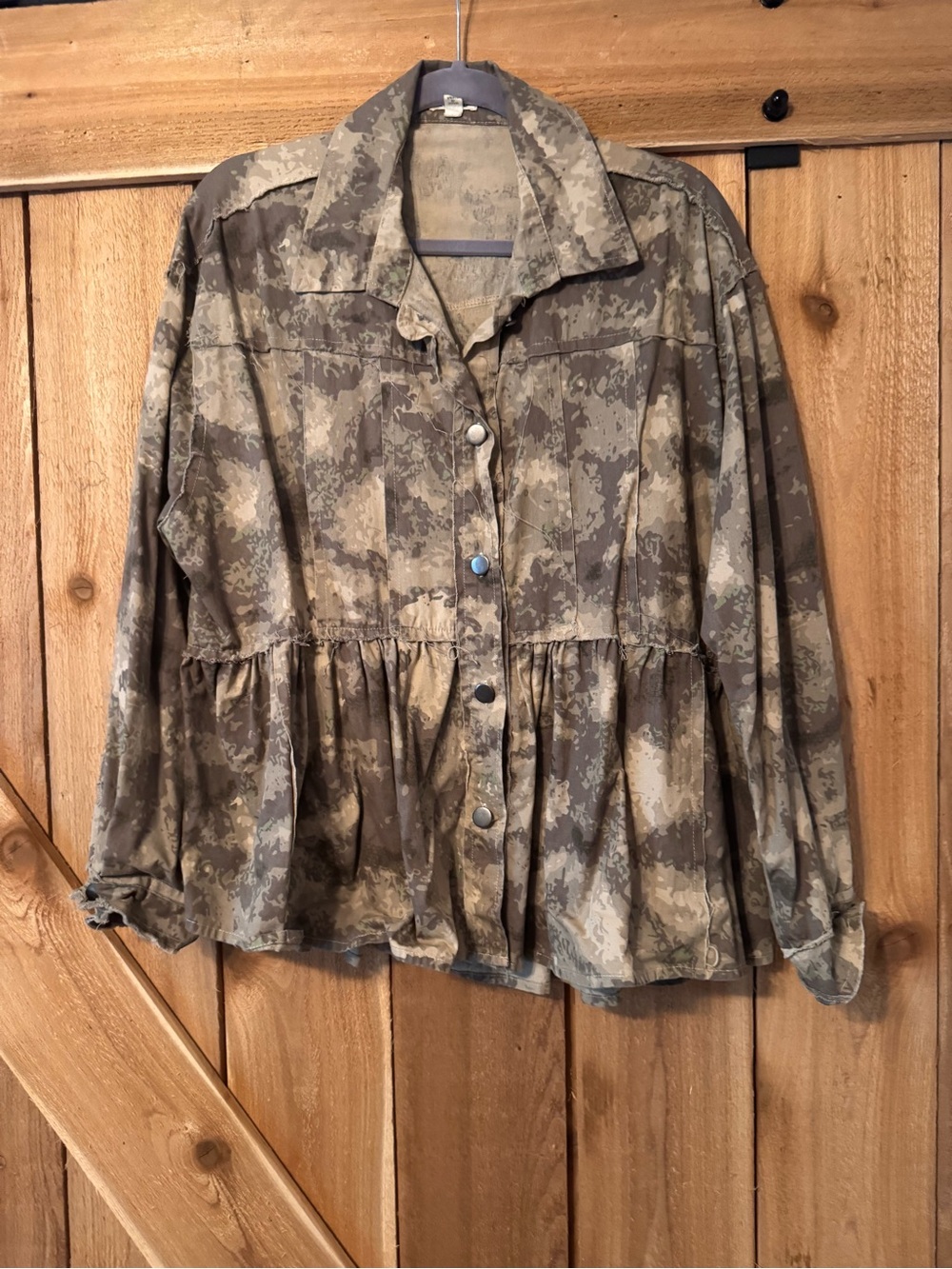 POL Camouflage Peplum Button-Front Shirt Jacket - Brown